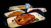 Whole roast duck (2,3 kg), red and white cabbage, variation of dumplings